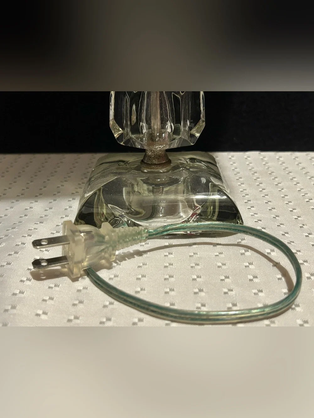 Vintage Glass Base Table Lamp with White Stained-Glass Shade Etched Glass Shaft
